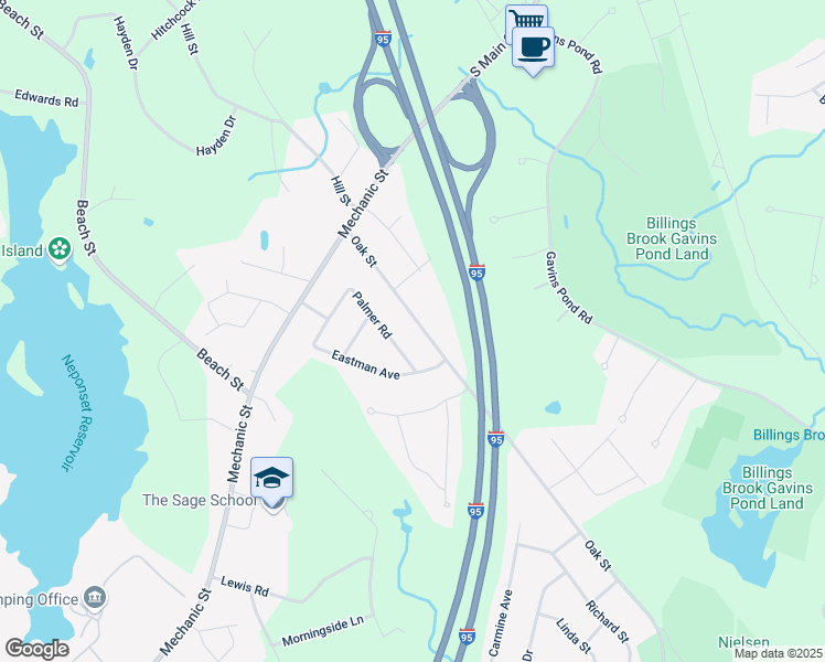 map of restaurants, bars, coffee shops, grocery stores, and more near 25 Oak Street in Foxborough