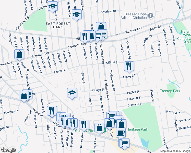map of restaurants, bars, coffee shops, grocery stores, and more near 140 Powell Avenue in Springfield