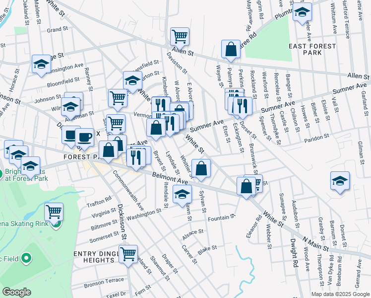 map of restaurants, bars, coffee shops, grocery stores, and more near 11 Priscilla Street in Springfield