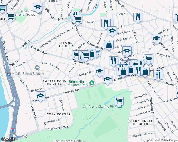 map of restaurants, bars, coffee shops, grocery stores, and more near 15-19 Litchfield Street in Springfield