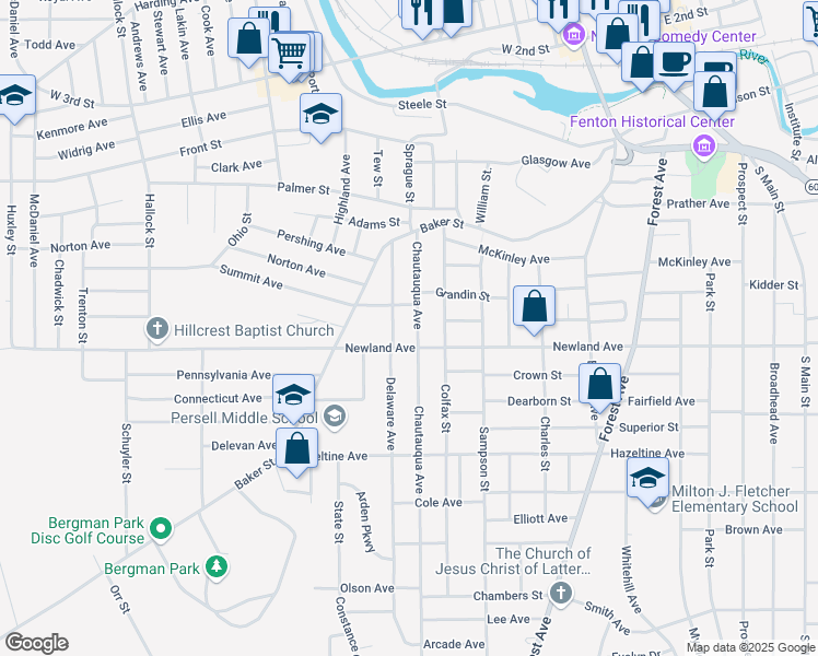 map of restaurants, bars, coffee shops, grocery stores, and more near 74 Colfax Street in Jamestown