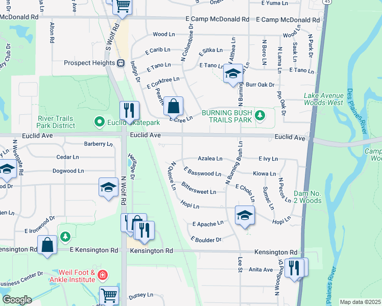 map of restaurants, bars, coffee shops, grocery stores, and more near 1808 Azalea Lane in Mount Prospect