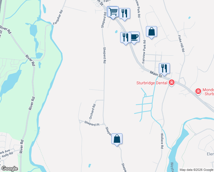 map of restaurants, bars, coffee shops, grocery stores, and more near 67 Shepard Road in Sturbridge