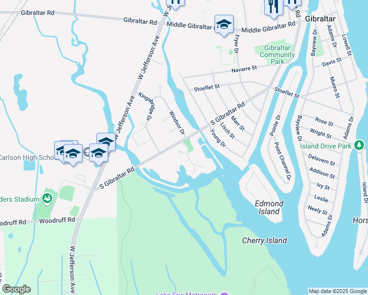 map of restaurants, bars, coffee shops, grocery stores, and more near 30418 Windsor Drive in Gibraltar