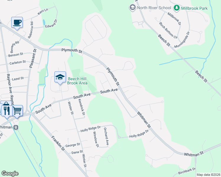 map of restaurants, bars, coffee shops, grocery stores, and more near 16 Vincent Street in Whitman