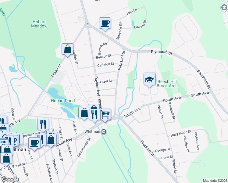 map of restaurants, bars, coffee shops, grocery stores, and more near 96 Pleasant Street in Whitman