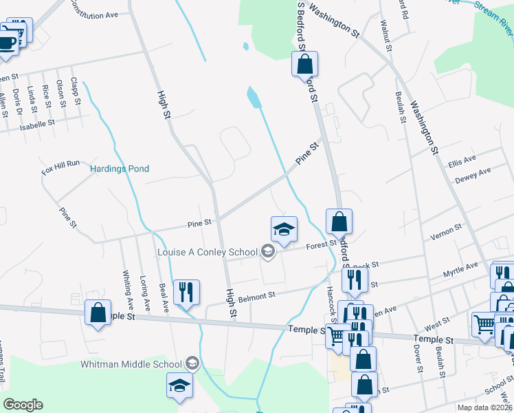 map of restaurants, bars, coffee shops, grocery stores, and more near 130 Pine Street in Whitman