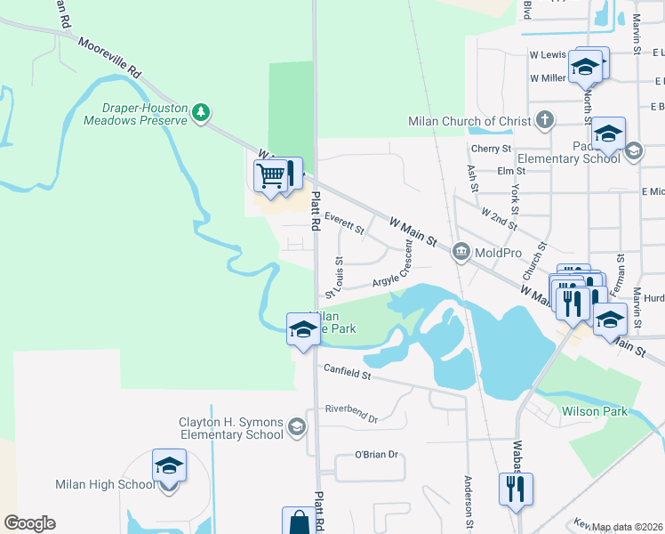 map of restaurants, bars, coffee shops, grocery stores, and more near 165 Platt Road in Milan