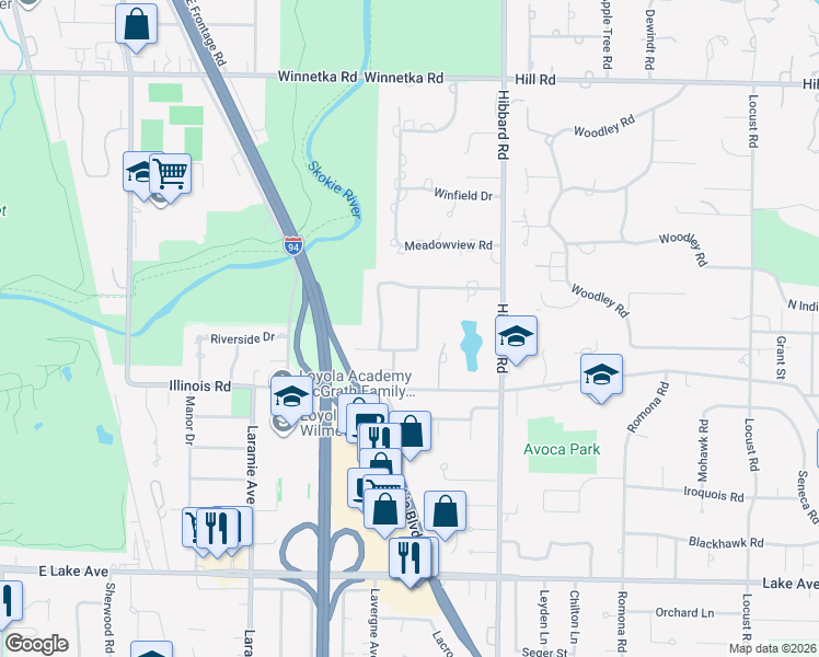 map of restaurants, bars, coffee shops, grocery stores, and more near 38 Longmeadow Road in Winnetka