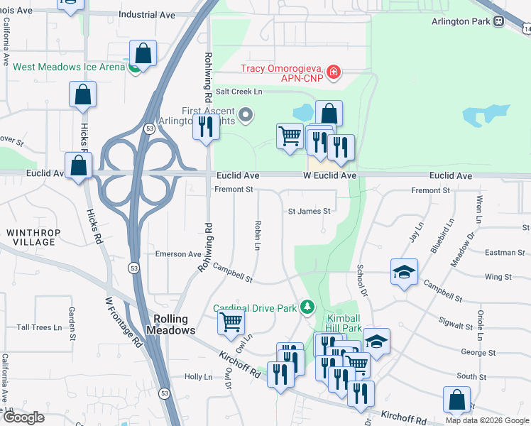 map of restaurants, bars, coffee shops, grocery stores, and more near 2103 Cardinal Drive in Rolling Meadows