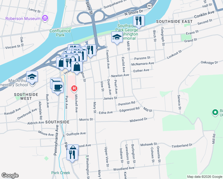 map of restaurants, bars, coffee shops, grocery stores, and more near 11 Duane Avenue in Binghamton
