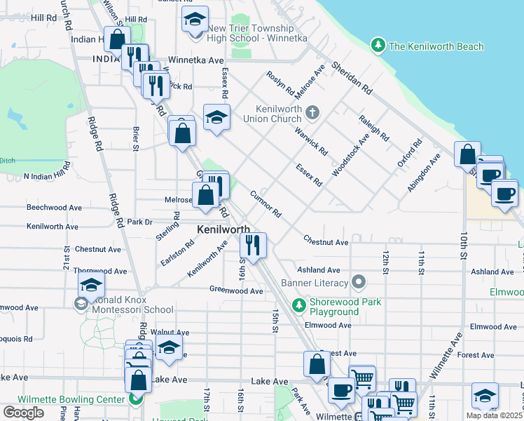 map of restaurants, bars, coffee shops, grocery stores, and more near 410 Kenilworth Avenue in Kenilworth