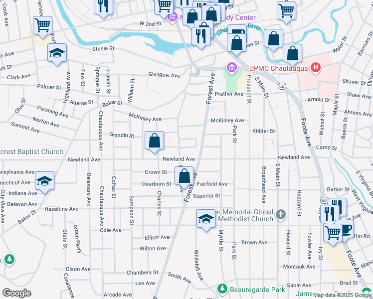 map of restaurants, bars, coffee shops, grocery stores, and more near 239 Forest Avenue in Jamestown