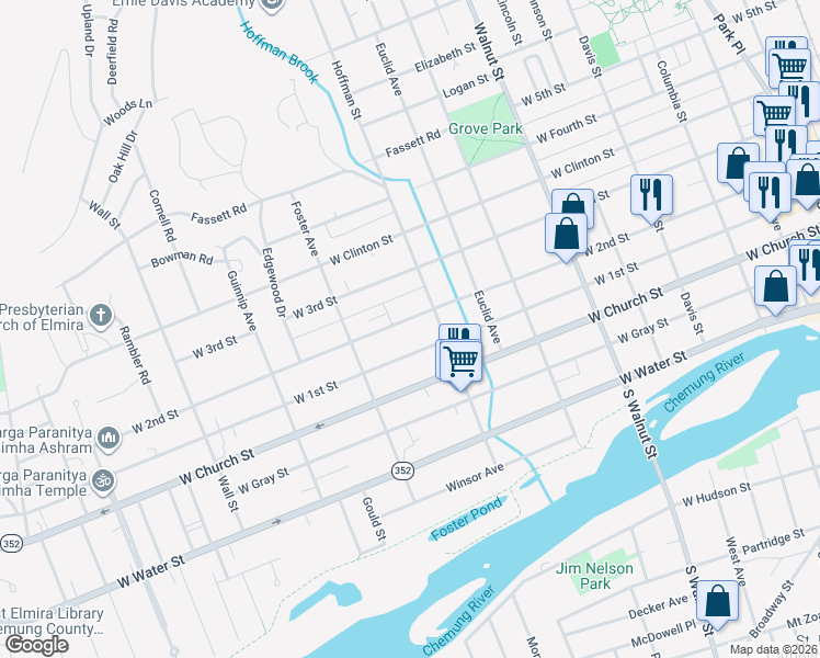 map of restaurants, bars, coffee shops, grocery stores, and more near 361 Hoffman Street in Elmira
