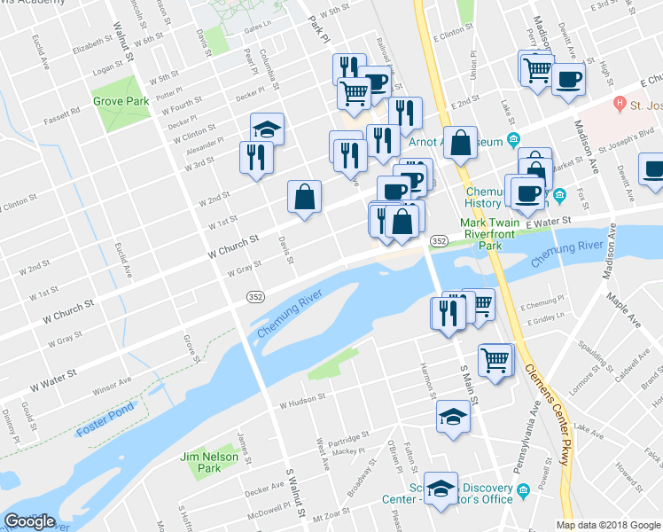 map of restaurants, bars, coffee shops, grocery stores, and more near 352 New York State Bicycle Route 17 in Elmira