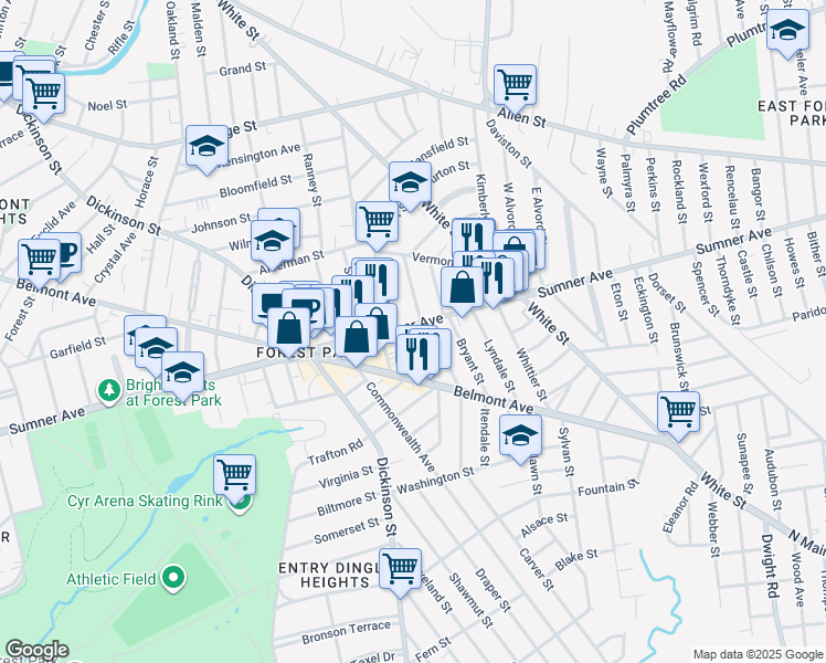 map of restaurants, bars, coffee shops, grocery stores, and more near 627 Sumner Avenue in Springfield