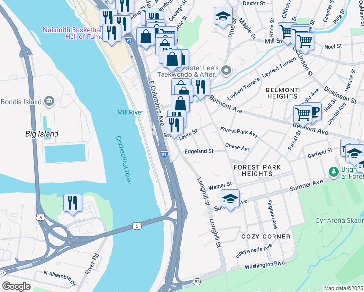 map of restaurants, bars, coffee shops, grocery stores, and more near 33 Longhill Street in Springfield