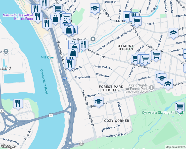 map of restaurants, bars, coffee shops, grocery stores, and more near 140 Fort Pleasant Avenue in Springfield