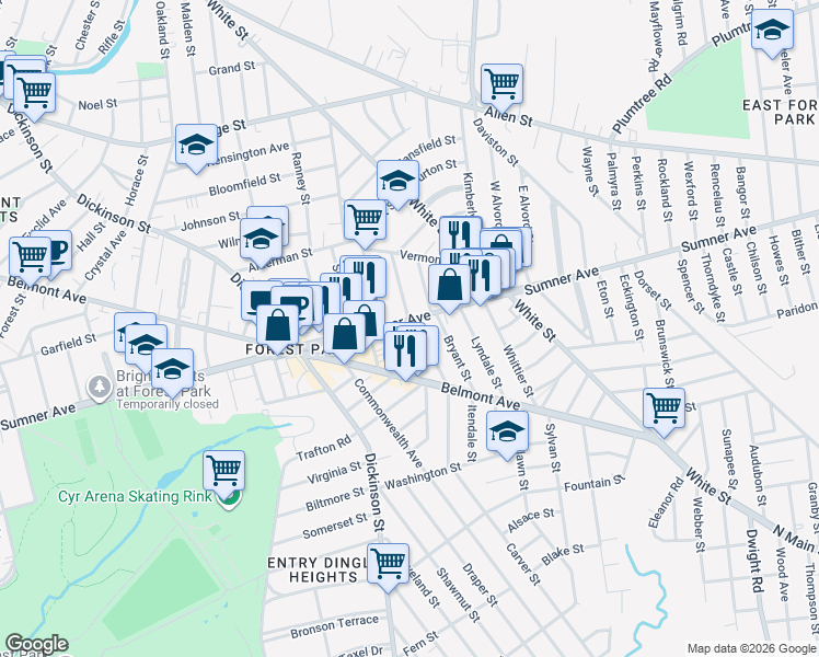 map of restaurants, bars, coffee shops, grocery stores, and more near 639 Sumner Avenue in Springfield
