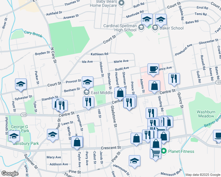 map of restaurants, bars, coffee shops, grocery stores, and more near 44 Sheridan St in Brockton