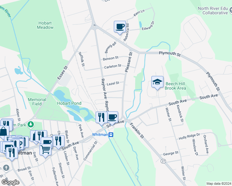 map of restaurants, bars, coffee shops, grocery stores, and more near 39 Cherry Street in Whitman