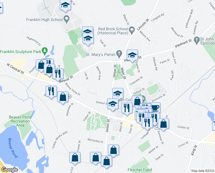 map of restaurants, bars, coffee shops, grocery stores, and more near 73 Union Street in Franklin