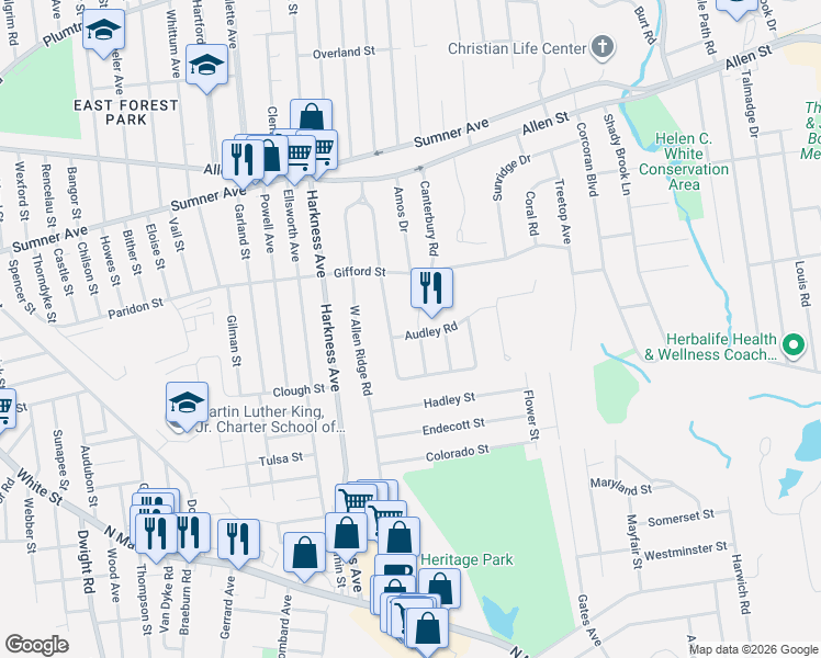 map of restaurants, bars, coffee shops, grocery stores, and more near 165 Canterbury Road in Springfield