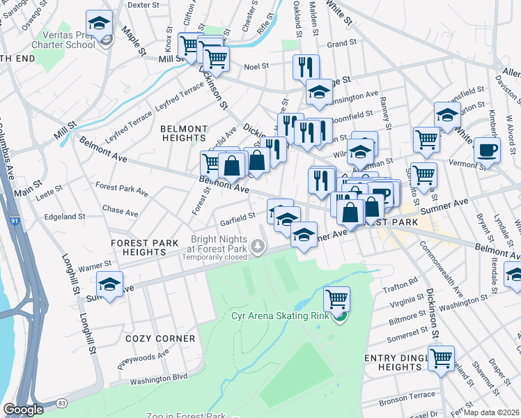 map of restaurants, bars, coffee shops, grocery stores, and more near 15-19 Litchfield Street in Springfield