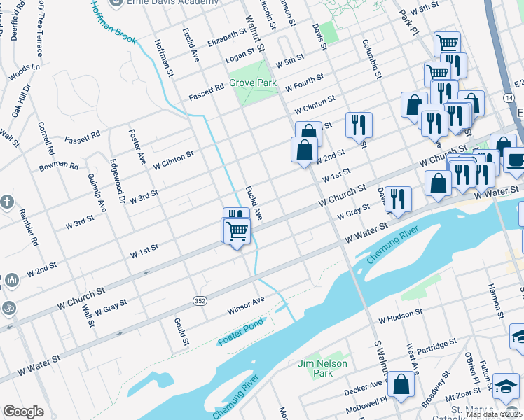 map of restaurants, bars, coffee shops, grocery stores, and more near 611-649 West 1st Street in Elmira