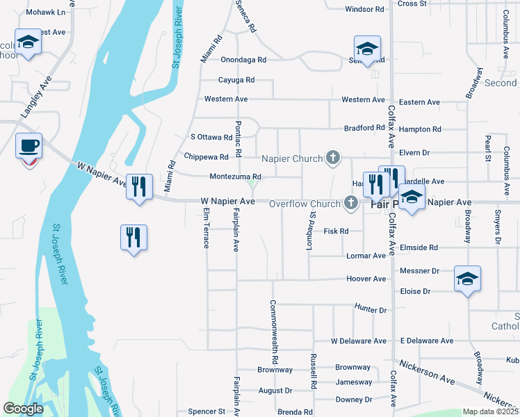 map of restaurants, bars, coffee shops, grocery stores, and more near 472 West Napier Avenue in Benton Harbor