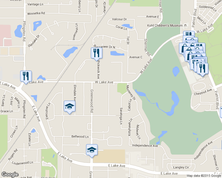 map of restaurants, bars, coffee shops, grocery stores, and more near 1760 Pickwick Lane in Glenview