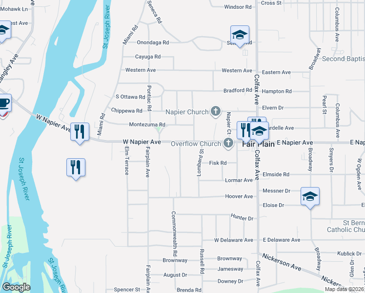 map of restaurants, bars, coffee shops, grocery stores, and more near 400 West Napier Avenue in Benton Harbor