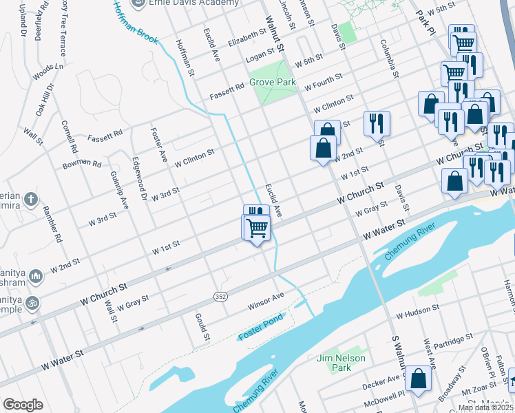 map of restaurants, bars, coffee shops, grocery stores, and more near 656 West 1st Street in Elmira