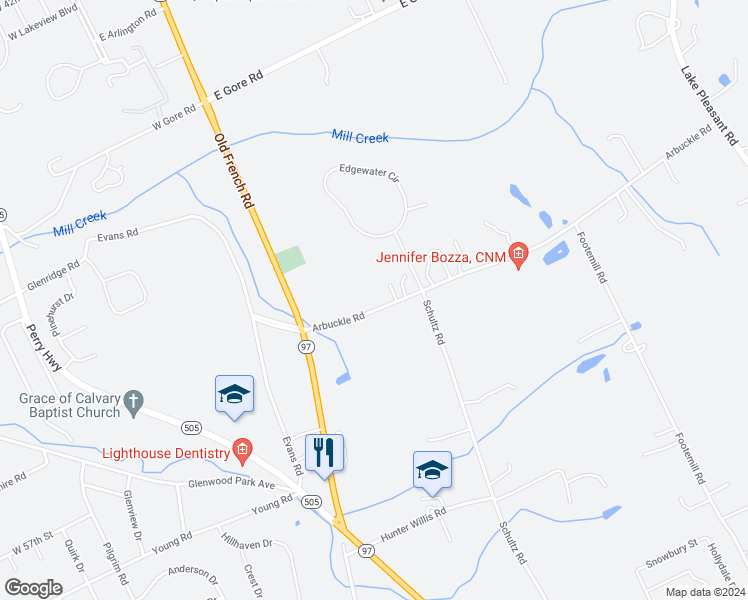 map of restaurants, bars, coffee shops, grocery stores, and more near 202 Arbuckle Rd in Erie