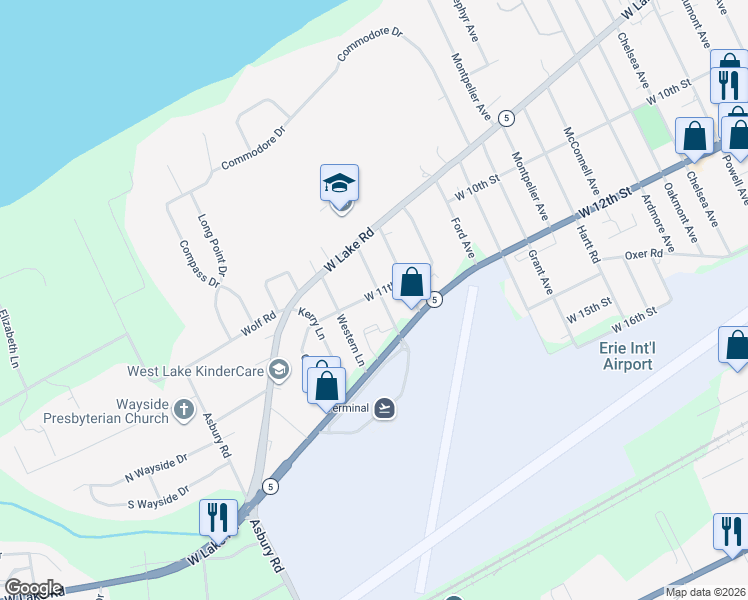 map of restaurants, bars, coffee shops, grocery stores, and more near 1106 Grace Street in Erie