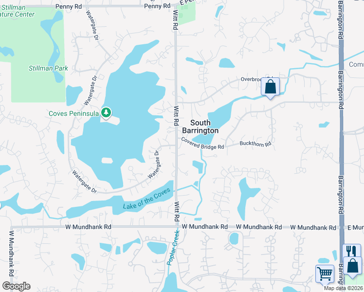 map of restaurants, bars, coffee shops, grocery stores, and more near 27 Witt Road in South Barrington