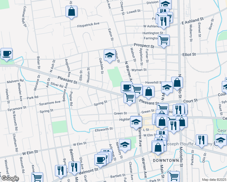 map of restaurants, bars, coffee shops, grocery stores, and more near 205 Pleasant Street in Brockton