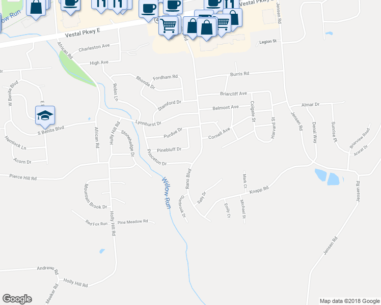 map of restaurants, bars, coffee shops, grocery stores, and more near 2632 Pinebluff Drive in Vestal
