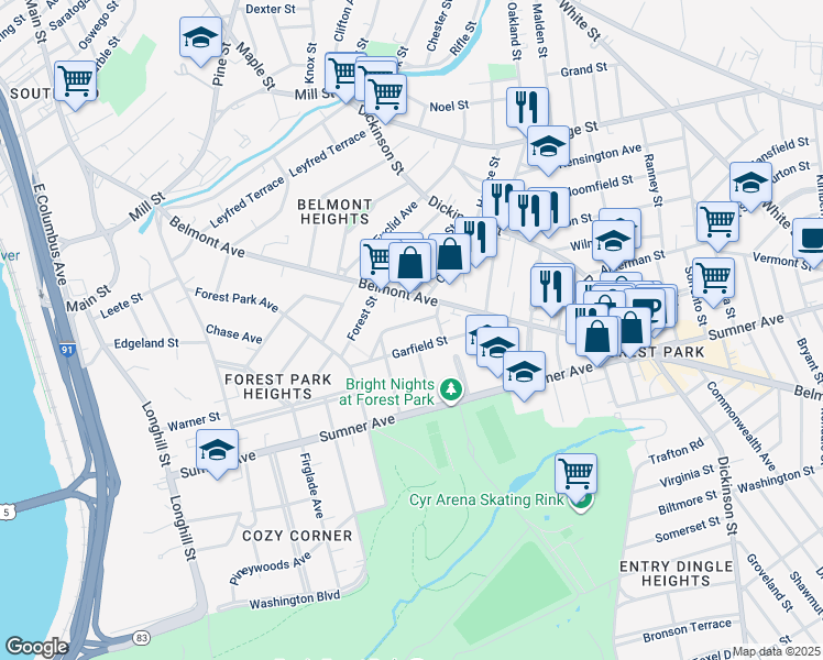map of restaurants, bars, coffee shops, grocery stores, and more near 67 Fairfield Street in Springfield