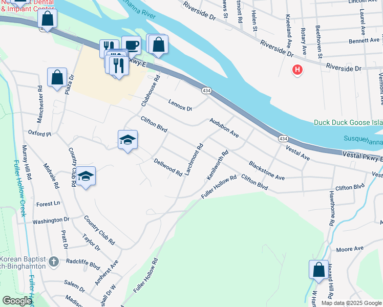 map of restaurants, bars, coffee shops, grocery stores, and more near 22 Larchmont Road in Binghamton