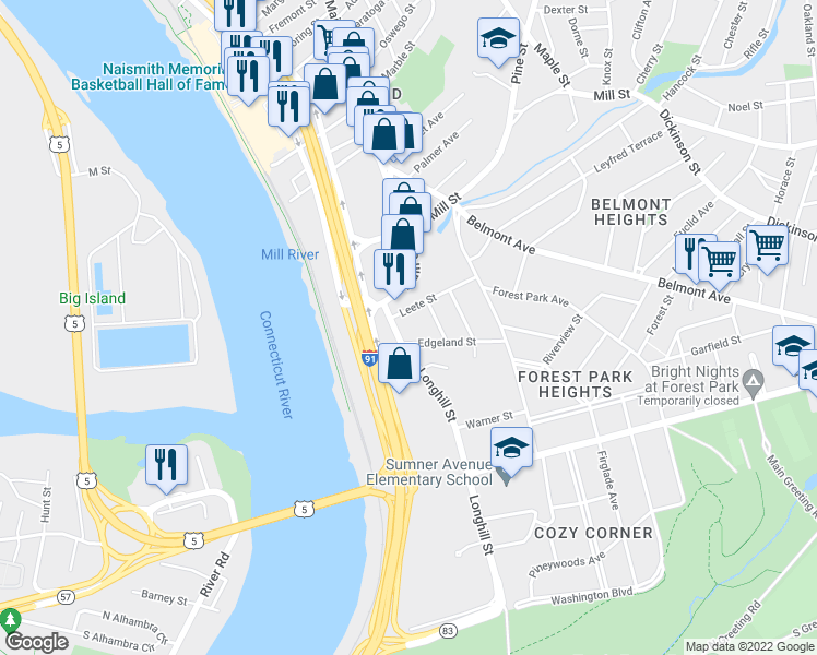 map of restaurants, bars, coffee shops, grocery stores, and more near 37 Longhill Street in Springfield