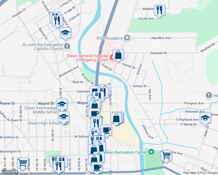 map of restaurants, bars, coffee shops, grocery stores, and more near 302 Main Street in Olean