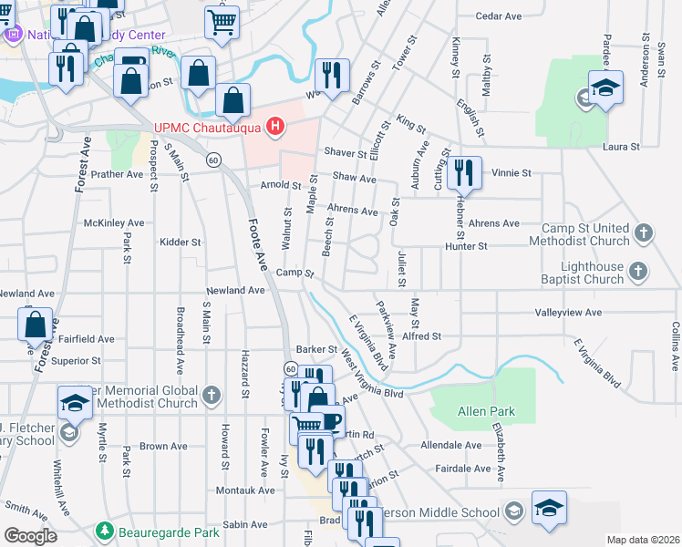 map of restaurants, bars, coffee shops, grocery stores, and more near 94 Elm Street in Jamestown