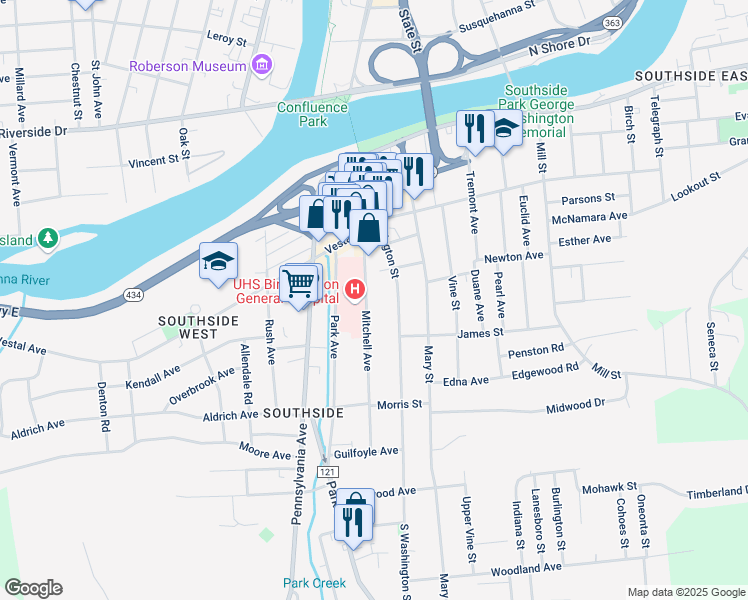 map of restaurants, bars, coffee shops, grocery stores, and more near 33 Mitchell Avenue in Binghamton