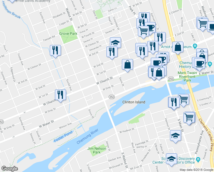 map of restaurants, bars, coffee shops, grocery stores, and more near 454 West Gray Street in Elmira