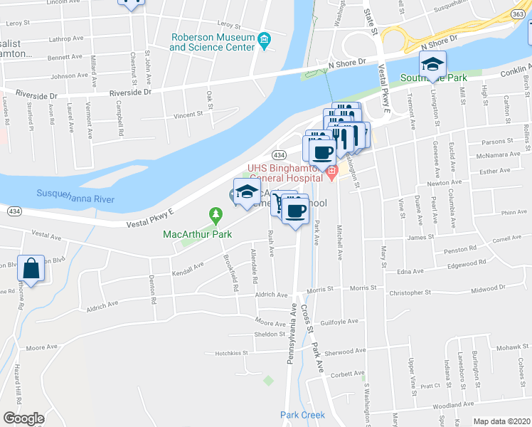 map of restaurants, bars, coffee shops, grocery stores, and more near 1140 Vestal Avenue in Binghamton