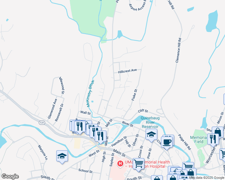 map of restaurants, bars, coffee shops, grocery stores, and more near 207 Pleasant Street in Southbridge