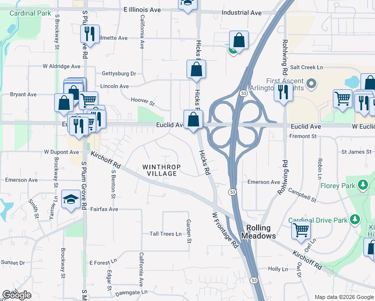 map of restaurants, bars, coffee shops, grocery stores, and more near 2103 Adams Street in Rolling Meadows
