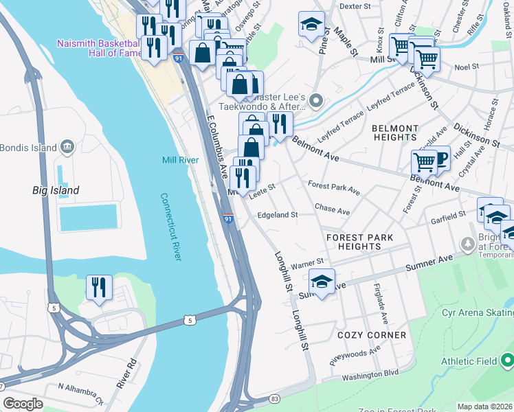map of restaurants, bars, coffee shops, grocery stores, and more near 33-37 Longhill Street in Springfield