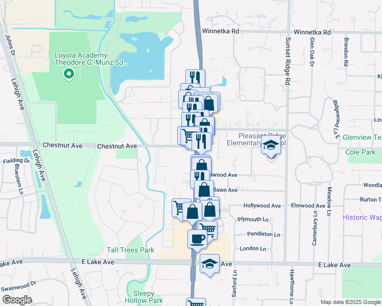 map of restaurants, bars, coffee shops, grocery stores, and more near 1769 Illinois 43 in Glenview